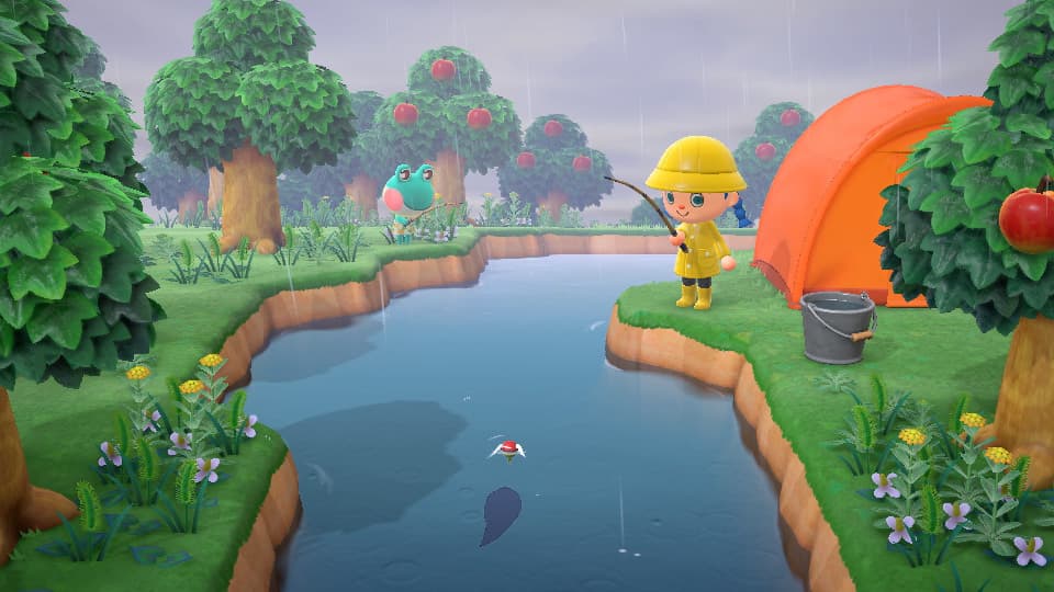 Animal Crossing New Horizons'ta nehirde balık tutan bir karakterin hayvanı