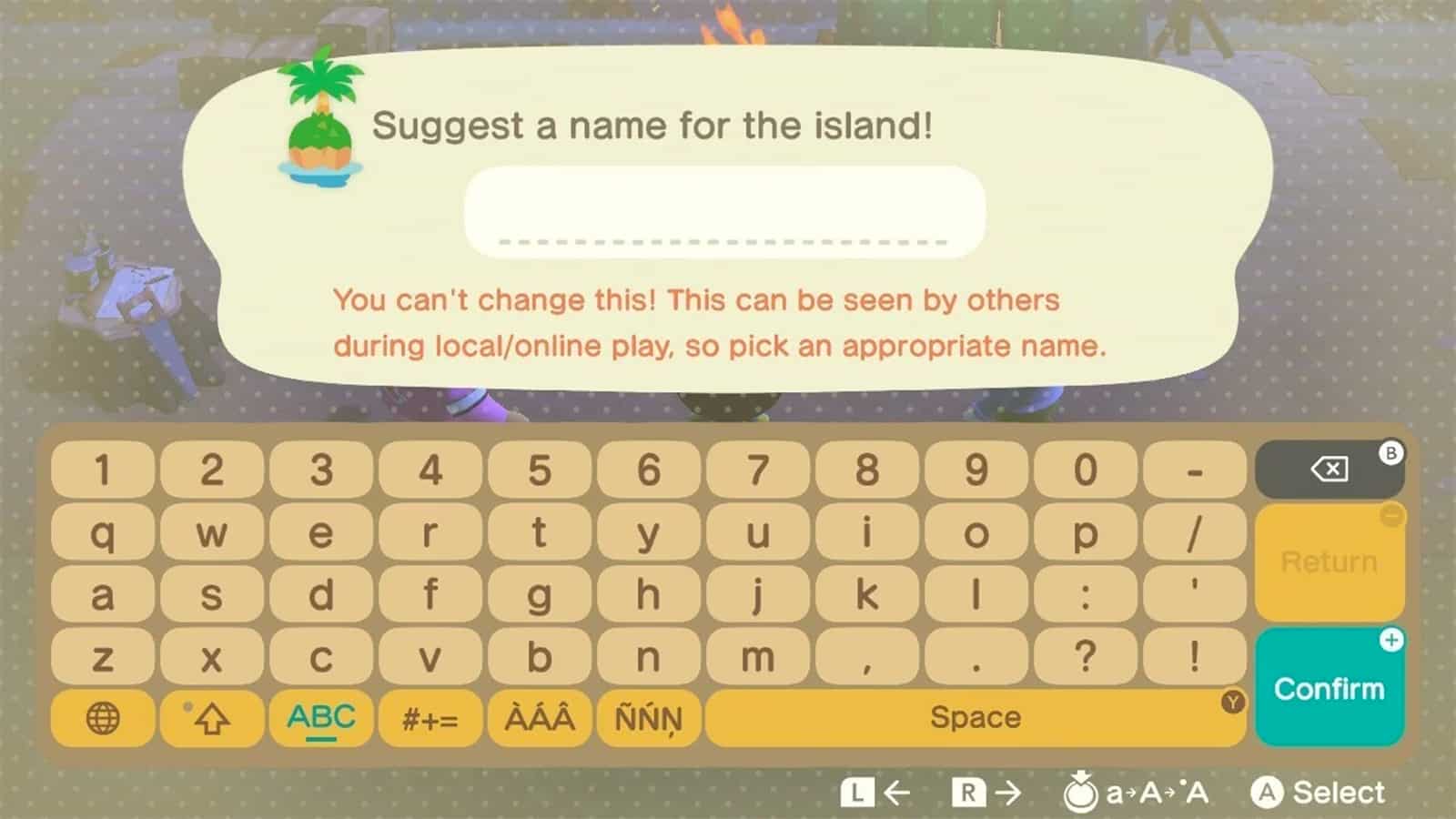 Animal Crossing New Horizons'daki ada adı seçim ekranı