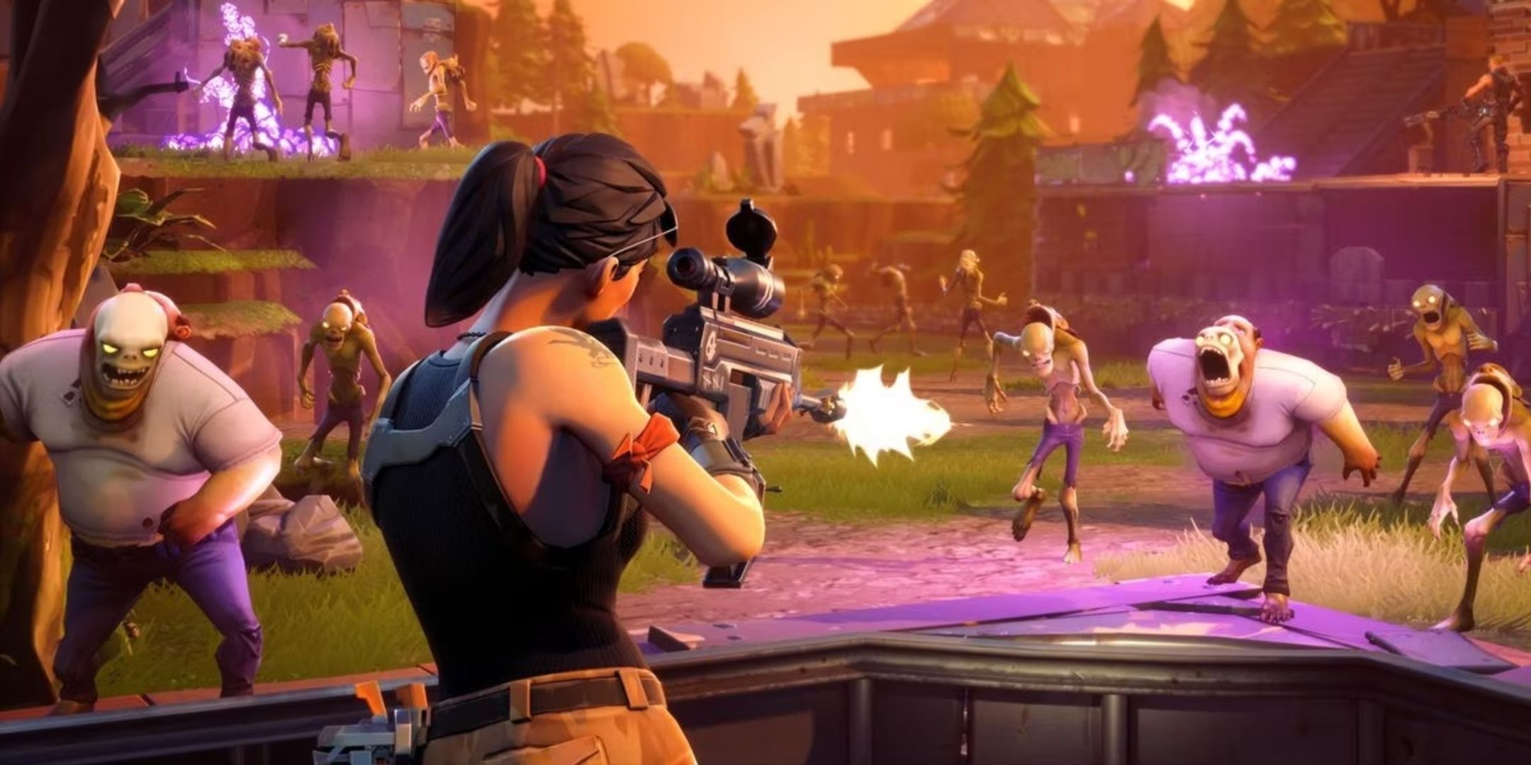 Fortnite Save The World Zombies oyununun zombilere ateş eden oyuncusunun yer aldığı tanıtım görseli.