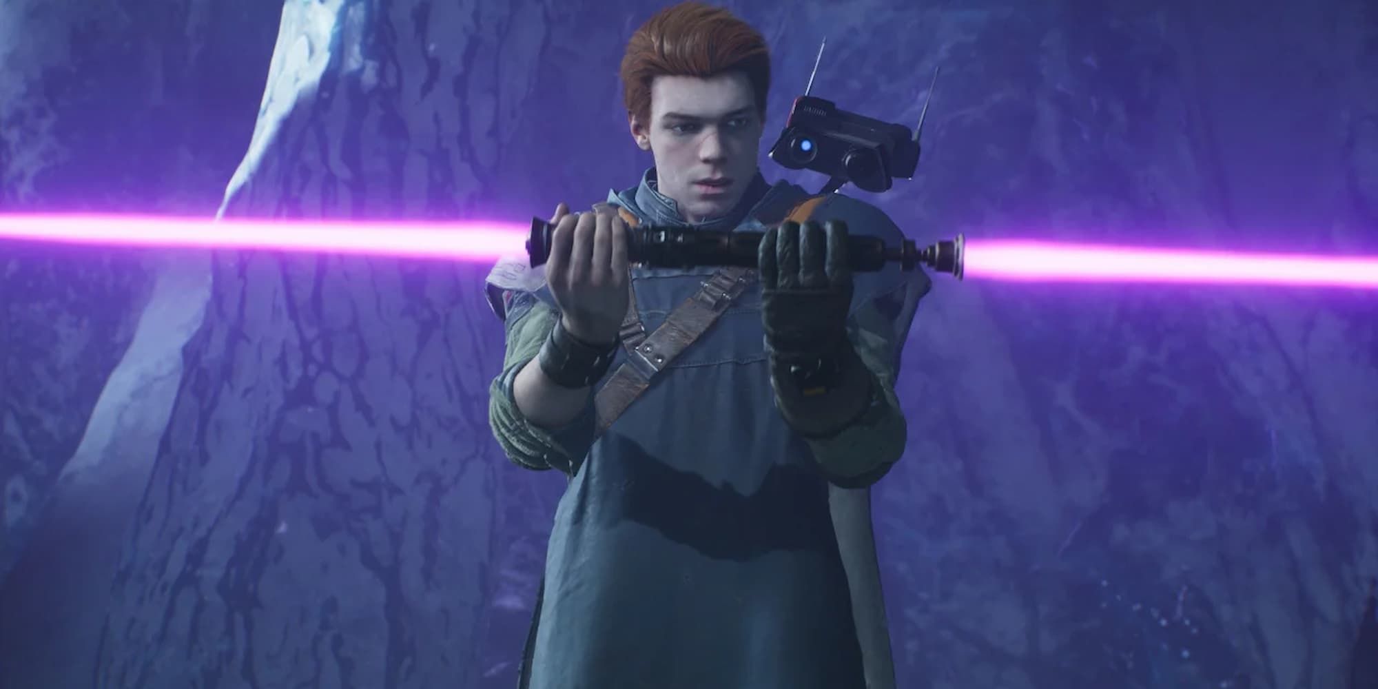 Cal Kestis, Star Wars Jedi: Fallen Order'da çift bıçaklı bir Macenta Işın Kılıcını inceliyor.