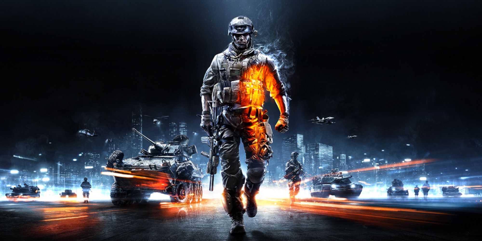 Battlefield 3 ana çiziminde, kıyafetinden alevler çıkan bir asker ve onun arkasında mavimsi bir arka plan üzerinde daha fazla piyade birliği ve tank yer alıyor.