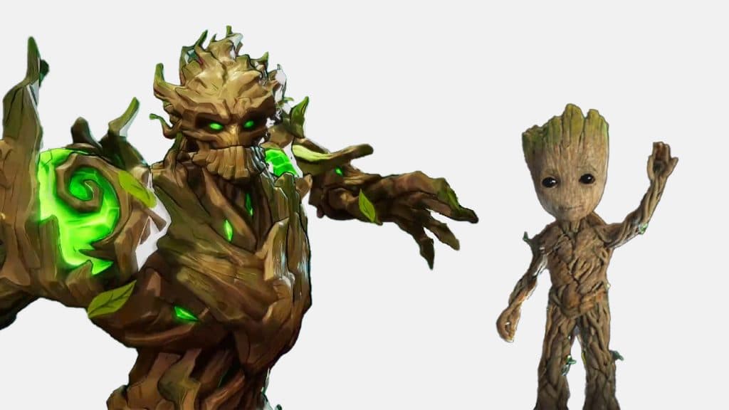 Marvel Rivals'tan Groot görünümü ve Galaksinin Koruyucuları filmlerinden Bebek Groot'un yanında