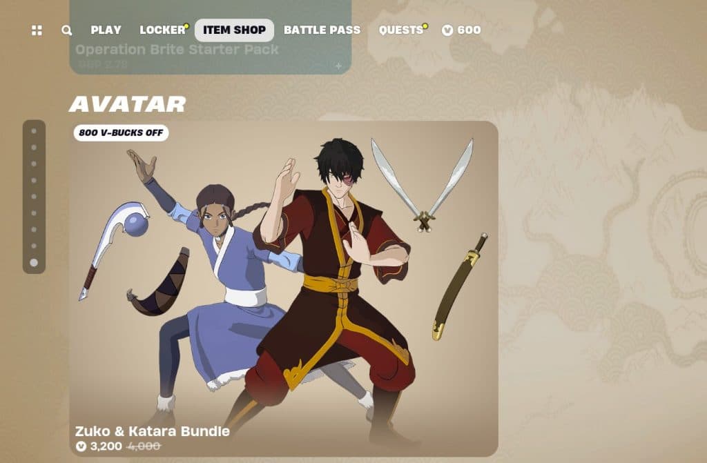 Avatar: Son Hava Bükücü görünümlerini içeren Fortnite Öğe Mağazası.