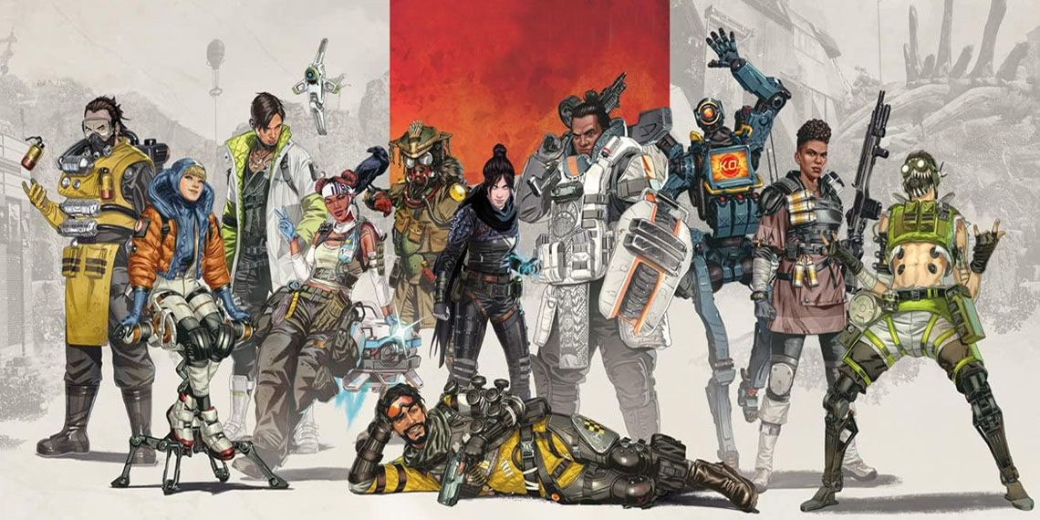 Apex Legends'ın oyuncu kadrosunun tamamı, kişiliklerinin bir kısmını gösteren ikonik kıyafetlerle poz veriyor. Oyunun iki haritasını gösteren kırmızı ve beyaz bir arka plan önünde poz veriyorlar.