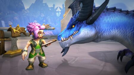 World of Warcraft Dragonflight Gnome ve mavi ejderha