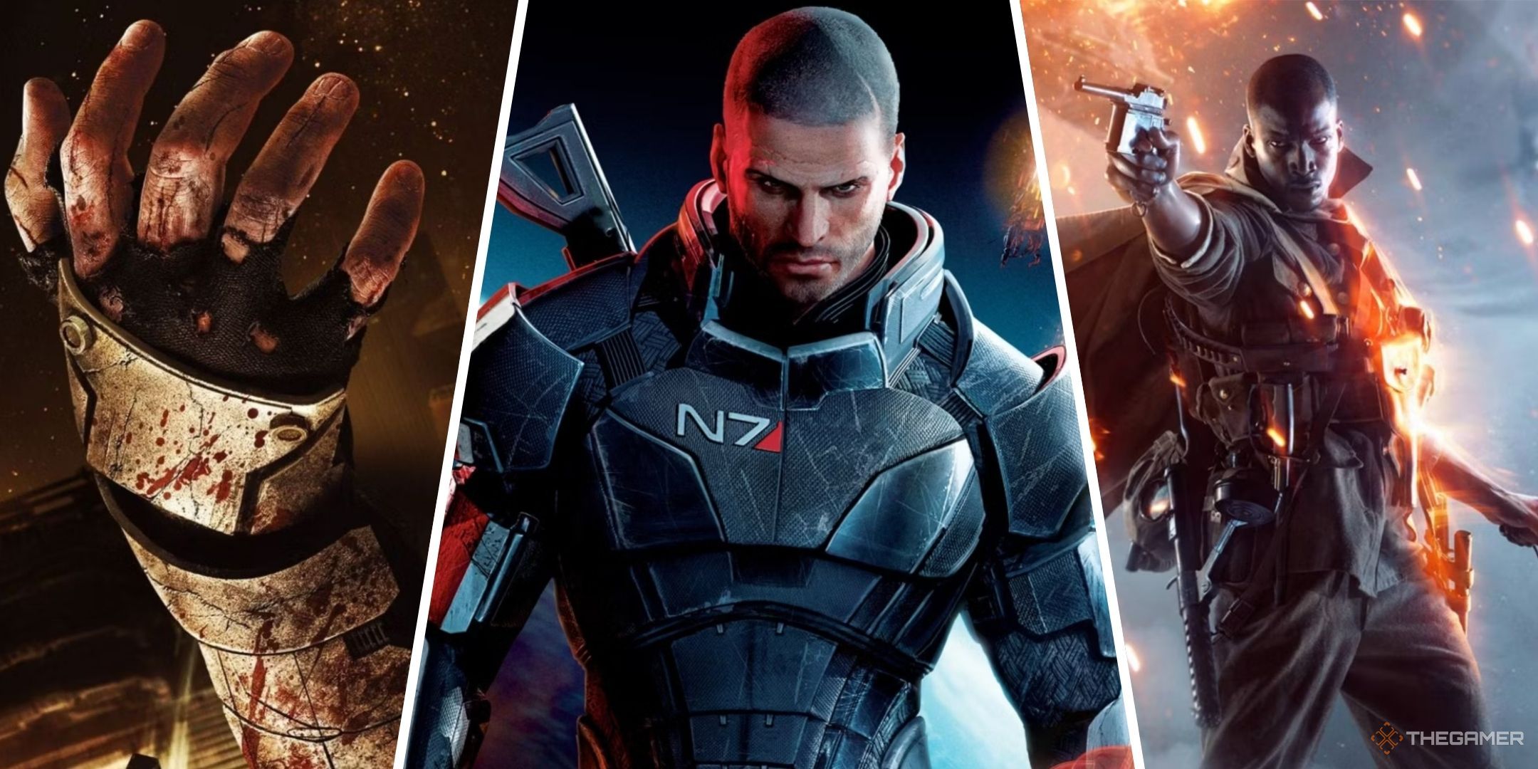 Dead Space'in kapak resmindeki kesik kol, Mass Effect 3'ün kapağındaki Komutan Shepard ve Battlefield 1 kapağındaki alevlerin önünde tabancayı doğrultan askerin üç resimden oluşan kolajı.