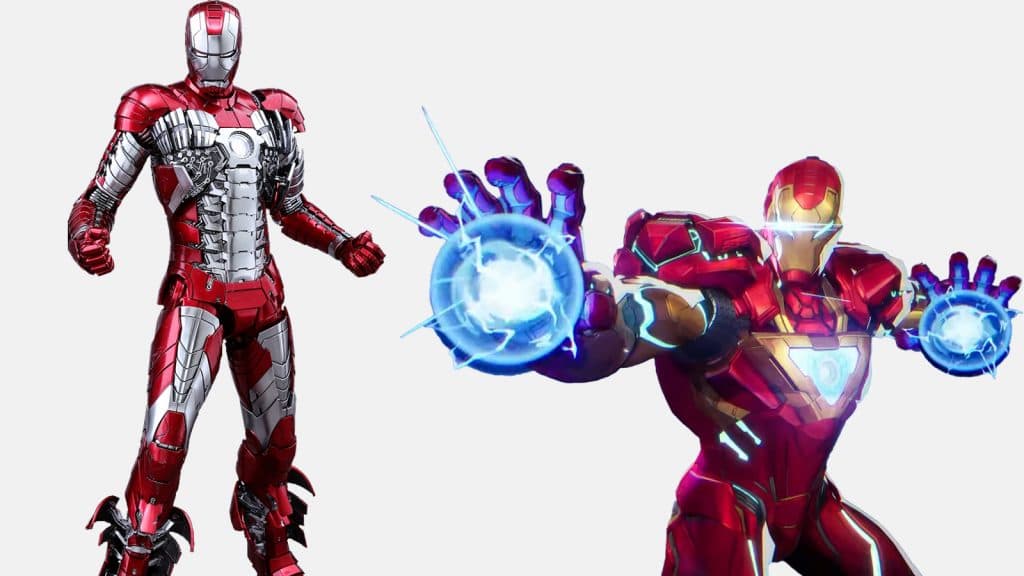 Marvel Rivals'tan Iron Man görünümü, Iron Man 2'den Mark V kostümünün yanında