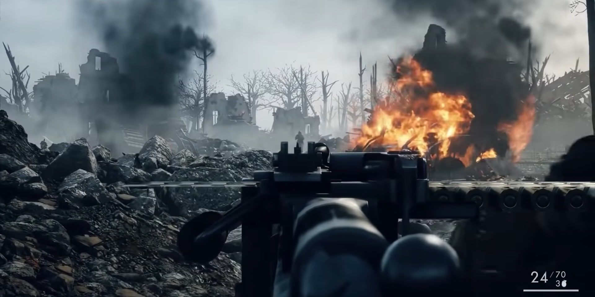 Battlefield 1'in açılış sahnesi, bir askerin yanan bir enkazın yakınındaki bir düşmana nişan aldığı sahnedir.